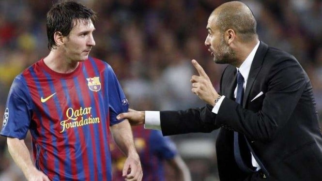 Lionel Messi (kiri) dan Pep Guardiola (kanan) saat masih di Barcelona.