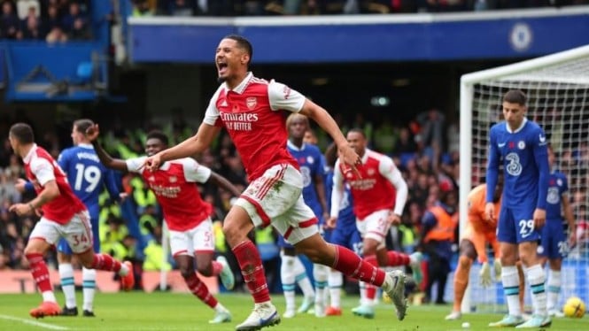 Pemain Arsenal, Gabriel Magalhaes merayakan gol