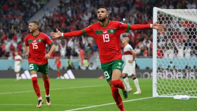 Pemain Timnas Maroko merayakan gol