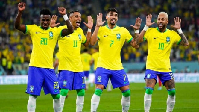 Selebrasi gol Timnas Brasil saat melumat Korea Selatan di Piala Dunia 2022.