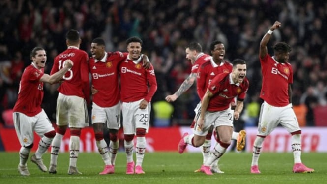 Selebrasi pemain Manchester United usai lolos ke final Piala FA