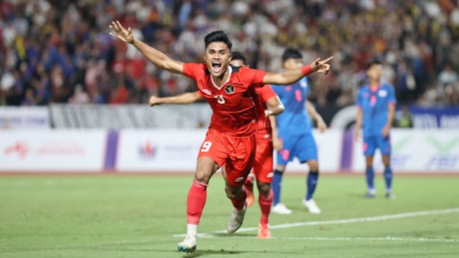 Selebrasi pemain Timnas Indonesia U-22 usai bobol gawang Thailand