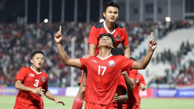Selebrasi pemain Timnas Indonesia U-22 usai bobol gawang Thailand